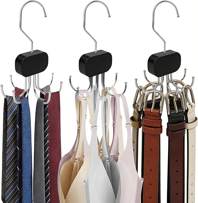 3 Pack Tank Top Hanger, Rotatable Bra Organzier for Closet, Bra Hanger for Closet Organizer, 360° Rotating & Foldable, Metal and Wood, Space-Saving Belt Hangers for Tank Tops, Belt, Tie (Black)
