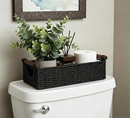 CubesLand Wicker Toilet Storage Basket Tray Organizer W/Cut Out Handle, Slim Decorative Basket for Countertop, Shelves And for Versatile Home Decor, Living Room, Nursery Organization, Black