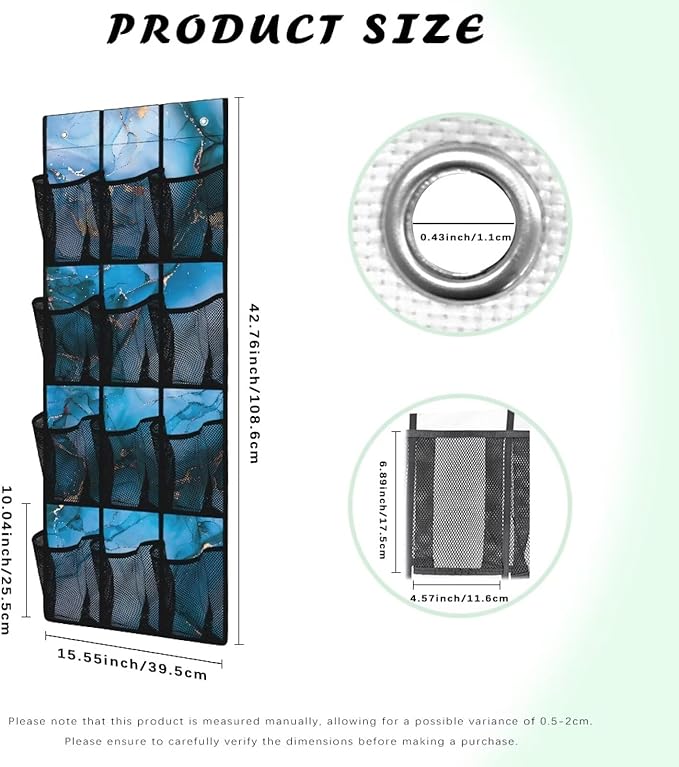 12 Large Mesh Pockets Blue Marble Print Over the Door Shoe Organizer Sturdy Oxford Fabric Hanging Shoe Rack for Closet Organizers and Storage