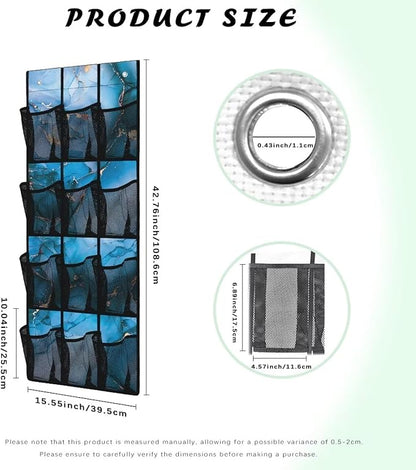 12 Large Mesh Pockets Blue Marble Print Over the Door Shoe Organizer Sturdy Oxford Fabric Hanging Shoe Rack for Closet Organizers and Storage