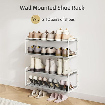 2 Pack Wall Mounted Shoe Rack, Carbon Steel Shoe Organizer with Removable Oxford Cloth, Non-Slip Space-Saving for Entryway Closet Bedroom, White