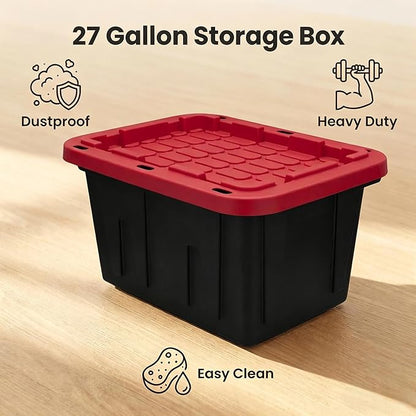 2-Pack 27 Gallon Heavy Duty Storage Bin with Lid, Stackable Large Plastic Tote Container for Home Garage & Outdoor - 30.6" W x 20.6" D x 14.3" H, Black and Red