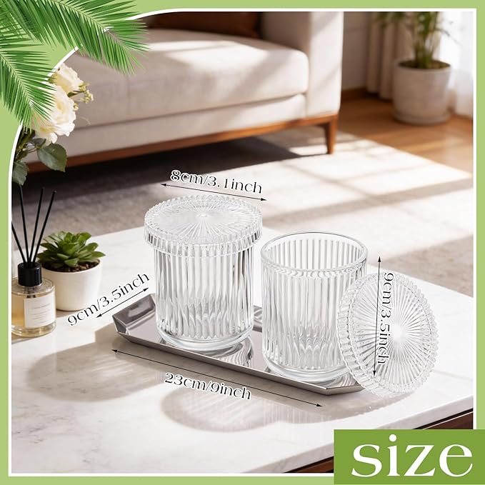 2 Pcs Crystal Glass Candy Jars Set with Lids and Stainless Steel Vanity Tray, Q tip Holder, Apothecary Jars, Glass Bathroom Accessories Organizer, Esthetic Modern Bathroom Decor(Clear)