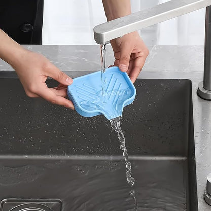 MicoYang Silicone Bathroom Soap Dishes with Drain Spout-Bathroom and Kitchen Sink Organizer,Sponge Holder,Dish Soap Tray,Perfect for Dispenser,Scrubber,Bottle on Sink or Counter-Light Blue 4.9"×3.2"
