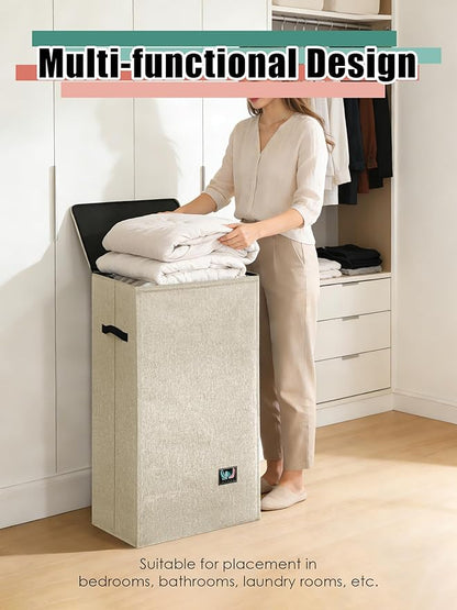 WTREE Laundry Hamper with Lid, Reinforced Sturdy Clothes Hamper with Anti-Puncture Base, Large Collapsible Laundry Basket with Removable Liner Bag, Tall Dirty Clothes Bin for Family, 100L Beige