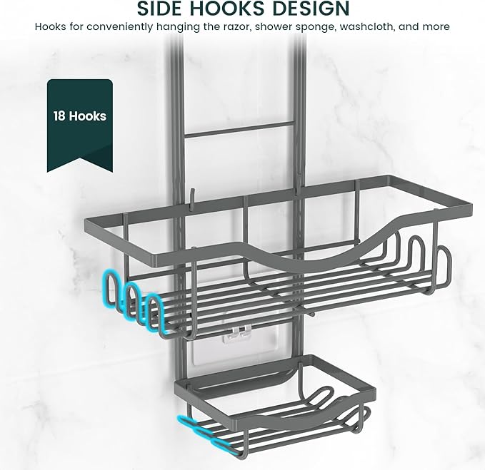 REINHARDT Shower Caddy Hanging Adjustable, Extended Length Rustproof Shower Caddy Over Shower Head with Hooks Soap Holder, Large Capacity Shower Organizer Anti-Swing Bathroom Organizer, Grey