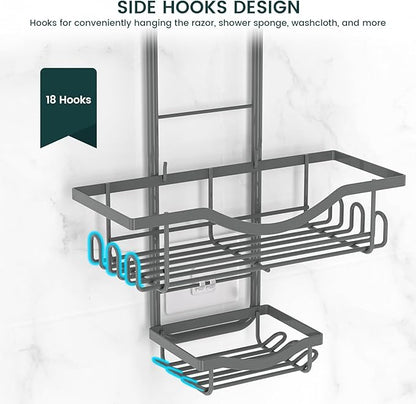 REINHARDT Shower Caddy Hanging Adjustable, Extended Length Rustproof Shower Caddy Over Shower Head with Hooks Soap Holder, Large Capacity Shower Organizer Anti-Swing Bathroom Organizer, Grey
