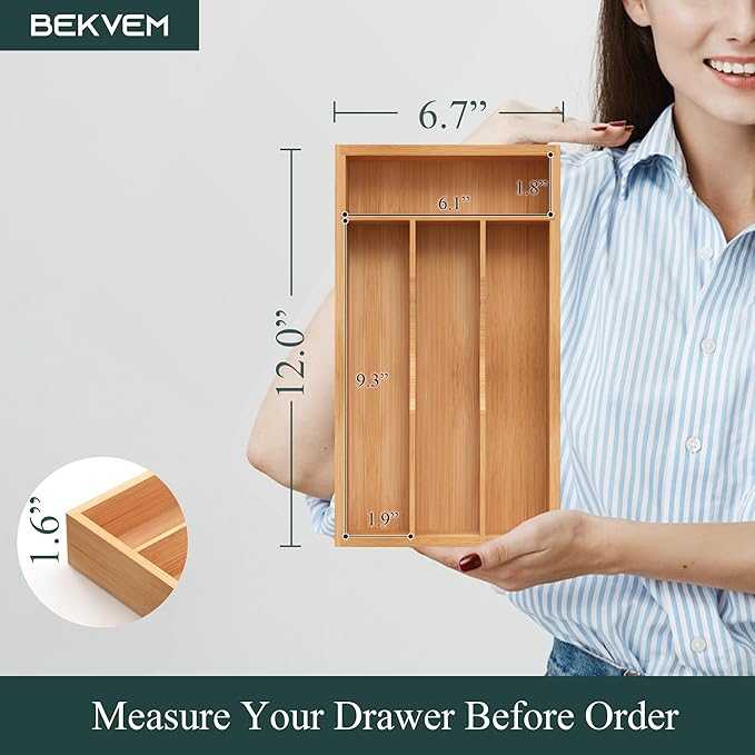 Small Silverware Organizer, Bamboo Kitchen Drawer Organizer, Utensil Holder, Cutlery Tray & Spoon Flatware Storage with Grooved Drawer Dividers (6.7''W x 12''D)