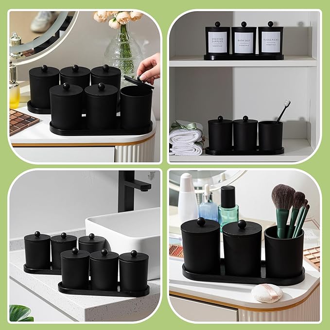Chengu 6 Pack Cotton Swab Holder with Bamboo Lids and Trays and Labels Glass Round Swab Dispenser Cotton Ball Holder Glass Apothecary Jars Floss Pick Containers Bathroom Organizers(Black)