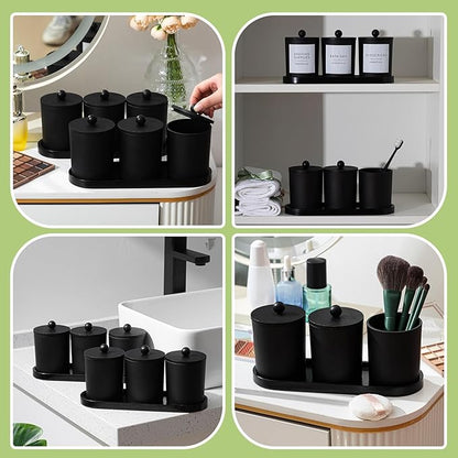 Chengu 6 Pack Cotton Swab Holder with Bamboo Lids and Trays and Labels Glass Round Swab Dispenser Cotton Ball Holder Glass Apothecary Jars Floss Pick Containers Bathroom Organizers(Black)