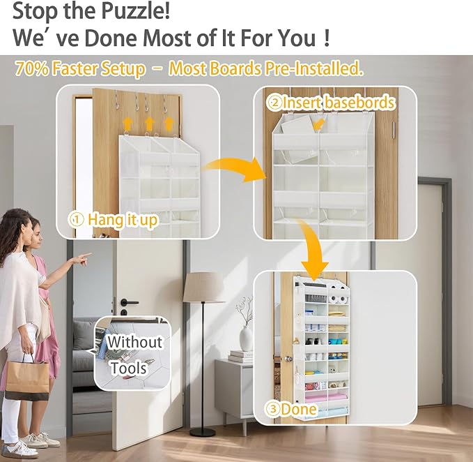 Over The Door Organizer with 5 Shelves, 9 Compartment + 10 Side Pocket, Sturdy Oxford Cloth, Supports 90 lbs, Heavy-Duty Behind the Door Hanging Closet Organizer and Storage for Room Essentials, White