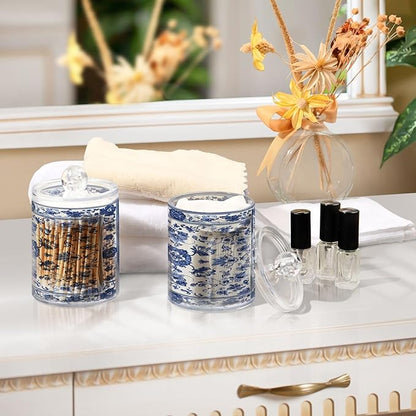 Milk Cow Qtip Holder with Lid 2PCS Apothecary Jars Storage Containers, Clear Plastic Canister for Cotton Swab,Floss Picks, Cosmetics (Porcelain Floral Pattern, one sizex4)