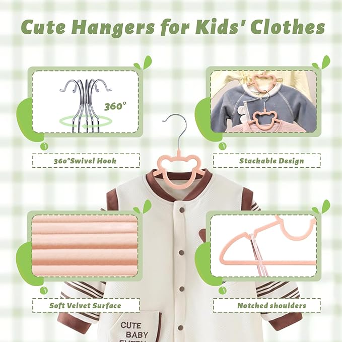 ManGotree 12.8" Kids Velvet Hangers, Non-Slip Felt Baby Clothes Hanger, Cute Bear Hanger for Nursery, Space Saving Toddler Hangers for Children's Closet (20 Pack, Pink)