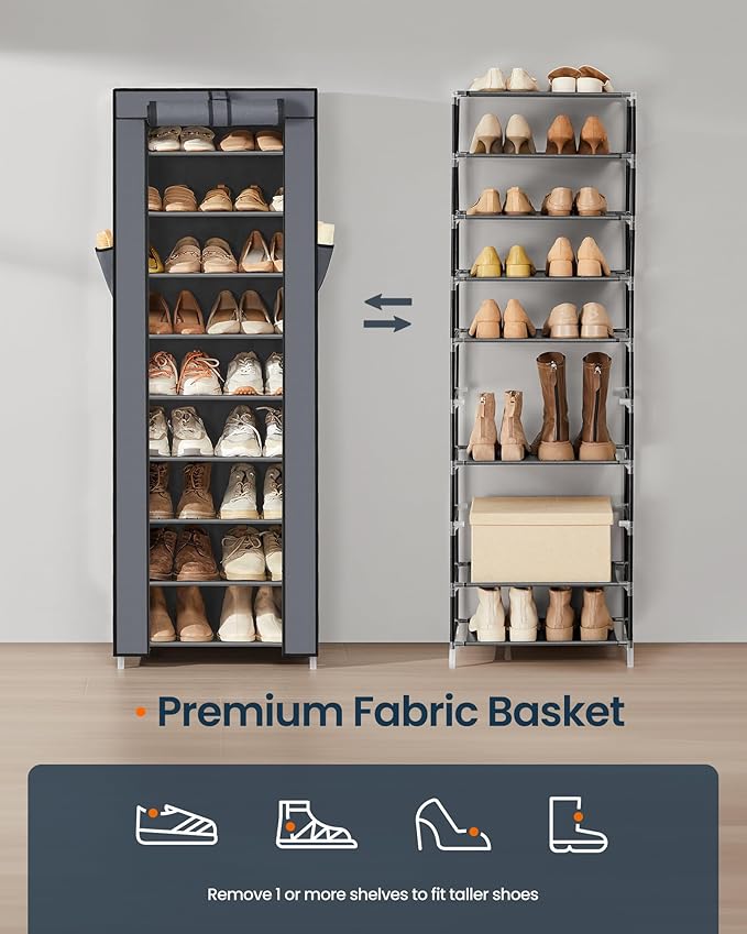 SONGMICS HOME Shoe Rack 10-Tier, Tall Narrow Metal Shoe Organizer with Dust Cover, 11.2 x 19.1 x 63.2 Inches, Vertical Storage Cabinet for Closet Entryway, Gray