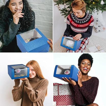 LADYBRO 10 Pack 7.8" x 7.8" x 4.8" Black Gift Boxes with Window Display for Hat Storage Containter for Baseball Caps (Fitted, Snapbacks, Trucker) (Glitter Royal Blue, 7.8" x 7.8" x 4.8")