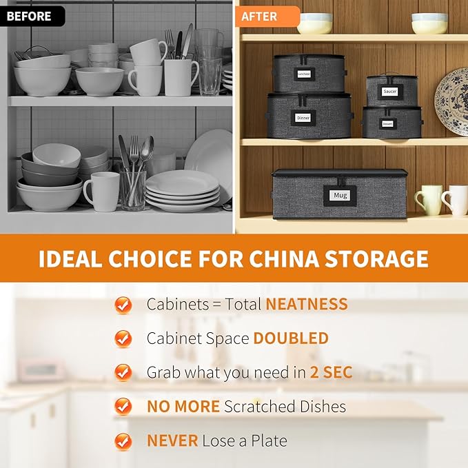 Aokeyee 5-Piece China Storage Containers Set, Hard Shell Moving Boxes for Dishes, Plates & Mugs – Dinnerware Organizer with Soft Felt Dividers, Sturdy Handles & Zippers, Grey