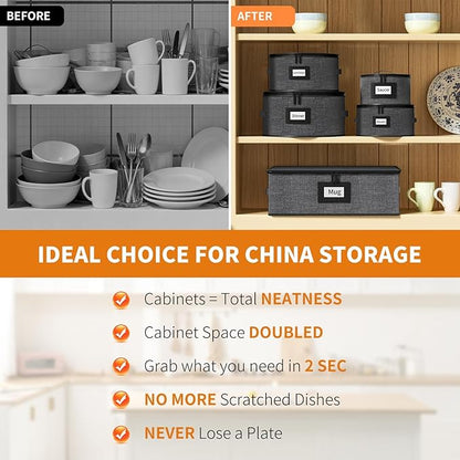 Aokeyee 5-Piece China Storage Containers Set, Hard Shell Moving Boxes for Dishes, Plates & Mugs – Dinnerware Organizer with Soft Felt Dividers, Sturdy Handles & Zippers, Grey