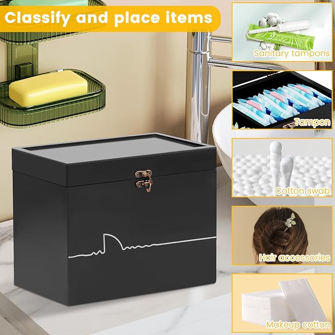Tampon Holder for Bathroom Wooden Feminine Product Organizer with Lid Pad and Tampon Organizer for Bathroom Tampon Storage Sanitary Napkin Holder for Girl Stuff (Black)