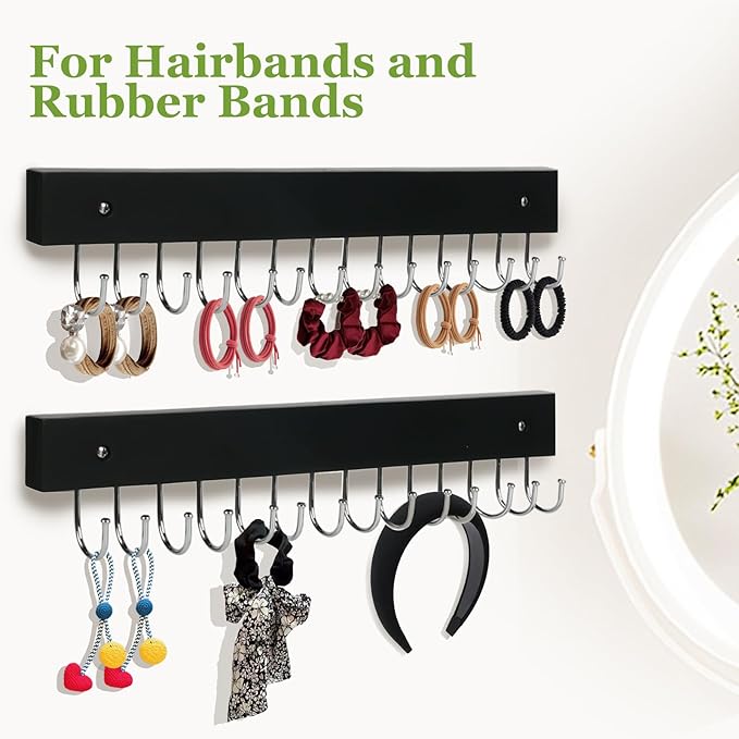 Necklace Holder Wall Mounted Jewelry Organizer - 2 Pack Wooden with 28 Hooks, Hanging Earring & Ring Bracelet Storage, Decorative Space-Saving Jewelry Display (Black)
