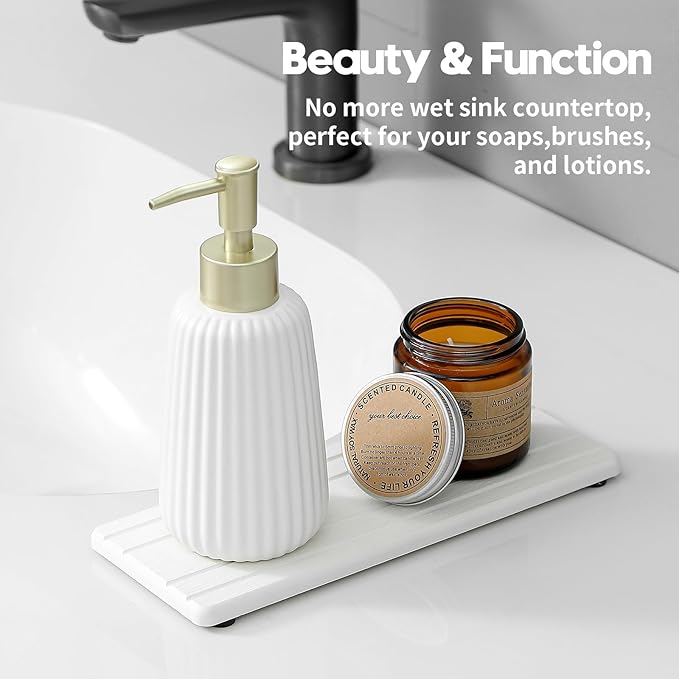 Razborci 2PCS Diatomite Quick Stone Drying Tray Mat for Bathroom & Kitchen Counter, Instant Dry Water Absorbent Drink Bar Coaster,Vanity Sink Caddy Organizer,Dish Soap Sponge Holder, White,9"x3.5"