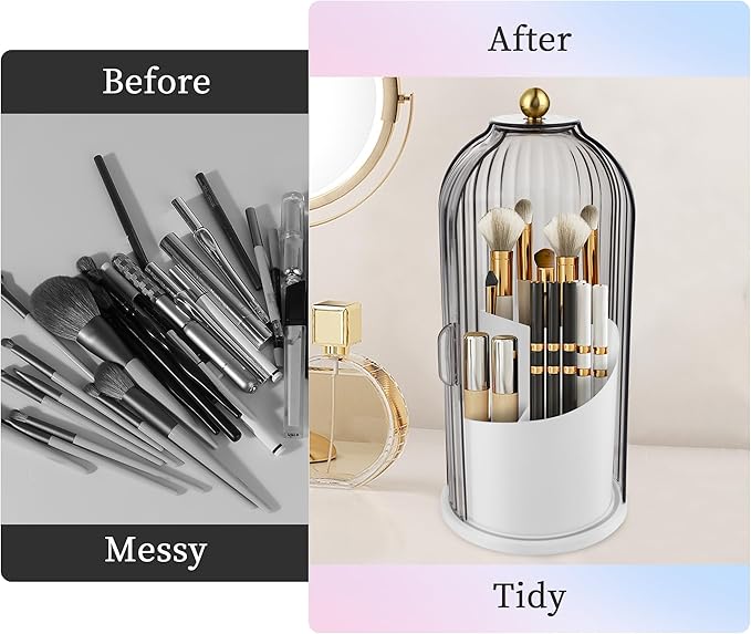 Makeup Brush Holder with Lid 360 Rotating Makeup Brush Organizer, Dustproof Waterproof Material & with 3 Compartments for Organized Storage, Dressing Tables Clear Storage Skincare Cosmetic (Grey)