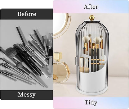 Makeup Brush Holder with Lid 360 Rotating Makeup Brush Organizer, Dustproof Waterproof Material & with 3 Compartments for Organized Storage, Dressing Tables Clear Storage Skincare Cosmetic (Grey)