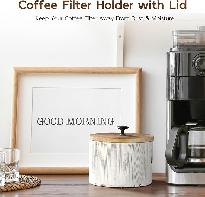 Coffee Filter Holder, Wood Filter Storage Container for Counter, Coffee Bar Accessories for Home Decor, Retro White