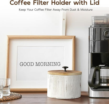 Coffee Filter Holder, Wood Filter Storage Container for Counter, Coffee Bar Accessories for Home Decor, Retro White