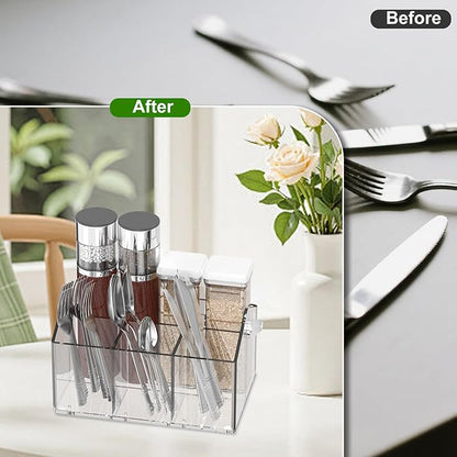 Chivalral Acrylic Utensil Holder & Paper Plate Holders -Clear Space-Saving Cutlery Caddy and Silverware Organizer for Kitchen, Table, Buffet, Party, Picnic, Camping Indoor Outdoor Use