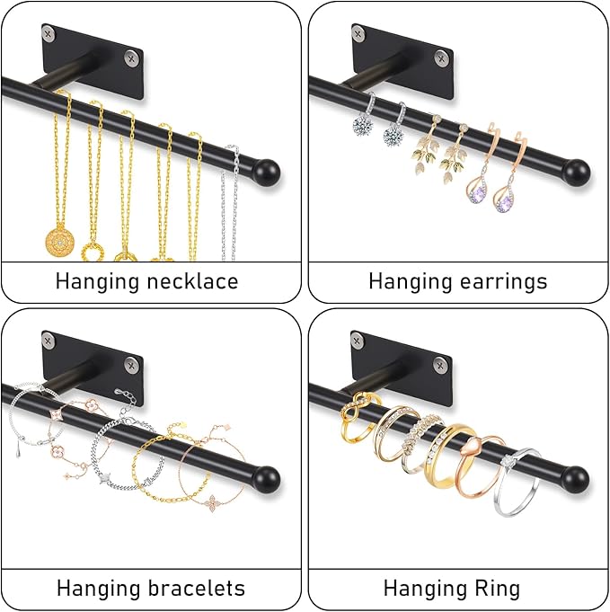 2 Pack Wall Jewelry Organizer, 12.2'' Necklace Holder for Earring, Bracelet, Rings, Hairband, Glasses Storage, Decorative Space-Saving Jewelry Display (Black)