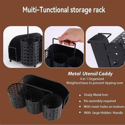NelyBet Utensil Caddy Silverware Holder Fork Spoon Napkin Paper Plate Organizer Metal Utensil Holder Cutlery Flatware Organizers for Party Kitchen Countertop Camping Picnic - Black Mesh