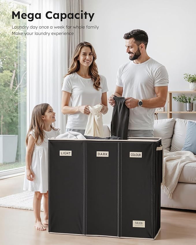 SOLEDI 200L 3-Section Laundry Hamper with Lid, Extra Large Dirty Clothes Basket with Sturdy Handles for Laundry Room & Bedroom - Durable Organizer for Sorting Laundry