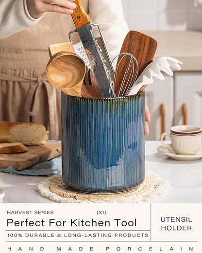 getstar Large Utensil Holder for Kitchen Counter,7.2" Vintage Ceramic Utensils Crocks Utensil Organizer for Spatula Farmhouse Kitchen Decor