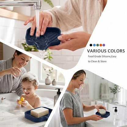 MicoYang Silicone Bathroom Soap Dishes with Drain Spout-Kitchen Sink Organizer,Sponge Holder,Dish Soap Tray,Perfect for Dispenser,Scrubber,Bottle,Cup on Sink or Counter-Navy Blue 4.9"×3.2"
