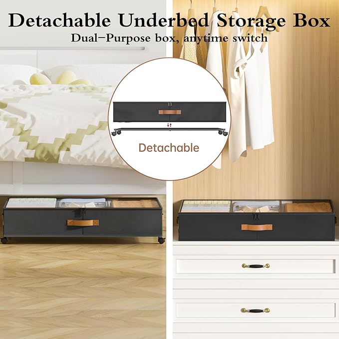 Yecaye Under Bed Storage with Wheels, 2 Pack Under Bed Storage Containers with Adjustable Dividers & Clear Window, Rolling Underbed Organizer Bins Drawers for Clothes, Shoes, Blankets, Black