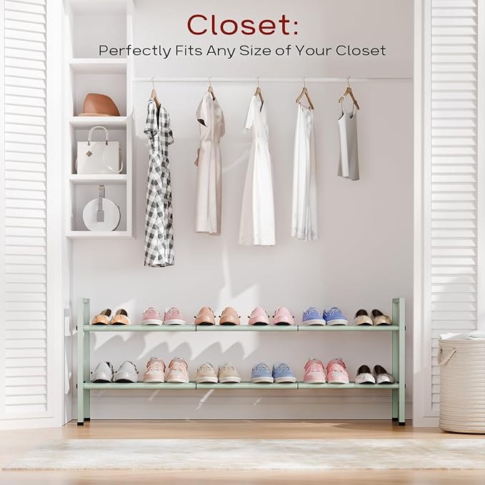 Bumusty 2-Tier Long Expandable Shoe Rack for Closet, 18"-44" Adjustable Shoe Rack for Entryway, 10-12 Pairs Large Shoe Organizer Shelf Storage, Sturdy Metal, Green