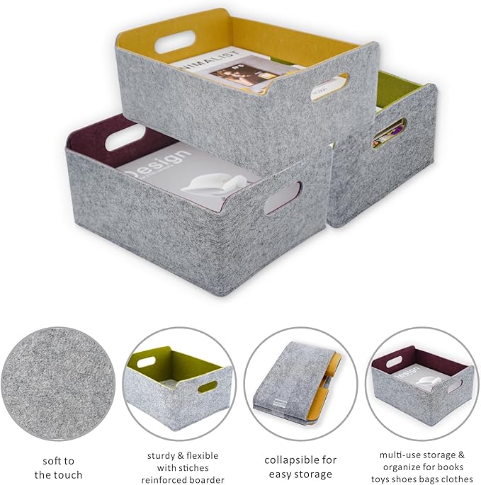 Welaxy Collapsible Felt Storage Baskets, Foldable Shelf Bins for Toys, Clothes, Books & Closet Organization (Curry +Moss green + Wild berry)