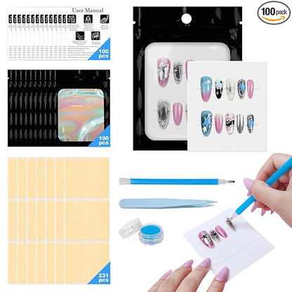 100PCS Press on Nail Packaging Bag, 100PCS Display Card with 231 Pcs Pre-cut Adhesive Tape & Diamond Art Pens & Glue Clay & Tweezers, 6-in-1 Set for Nail Display (Black)