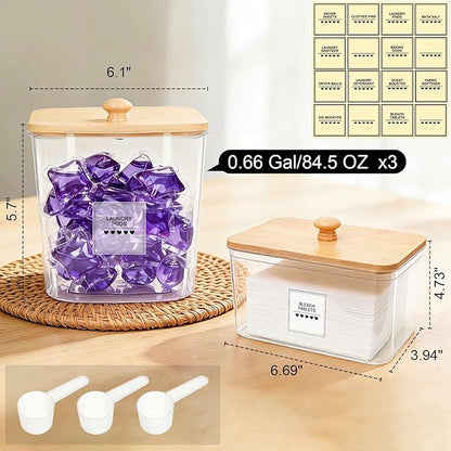 4 Pack Laundry Pods Container and Dryer Sheet Holder with Bamboo Lids, Laundry Room Organization Set with Labels and Scoops for Detergent Powder, Scent Booster Beads, 2600 +2000ml/0.53+0.7gal