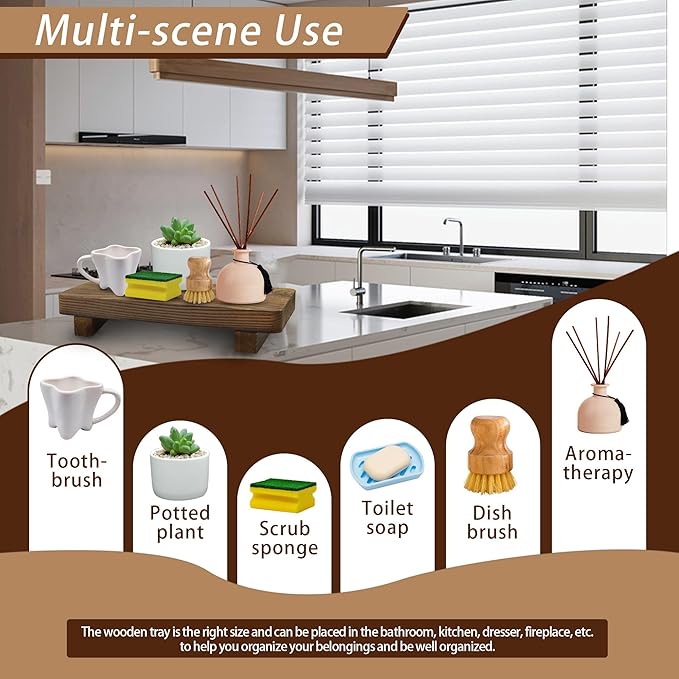 Wooden Bathroom Counter Tray for Home Decor, Farmhouse Wood Riser for Table Countertop, Small Soap Pedestal Stand, YITOBA Decorative Trays for Kitchen Sink, Vanity (Brown)