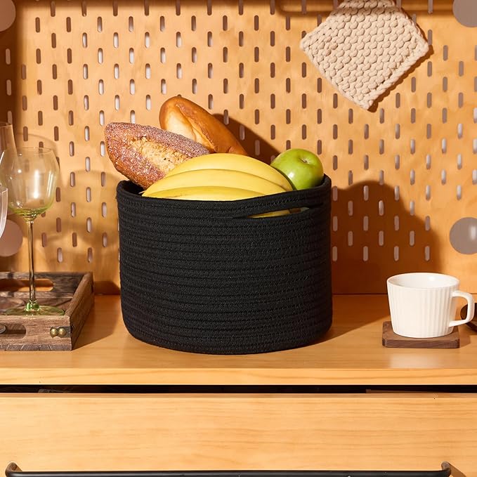 MiniArk Small Basket for Organizing | Cube Shelf Closet Storage Baskets | 9.7×9.7×7.1” | Woven Rope Gift Basket | Nursery | Round 3 Packs Black