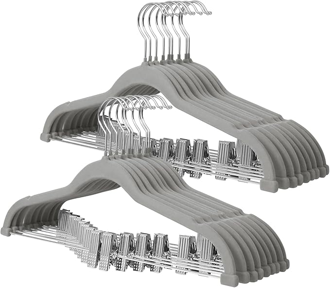 ManGotree Pants Hangers with Movable Clips, Non-Slip Velvet Skirt Hangers, Space-Saving Clothes Hangers for Pants, Skirts, Shirts, Coats, Dresses (18 Pack, Grey)