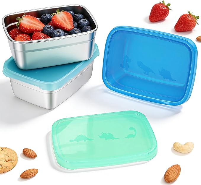 Tanjiae 3-Pack Stainless Steel Snack Containers - 550ml (18oz) Leakproof Colorful Lids with Cute Dinosaurs | LFGB Certified, Stackable Metal Lunch Box for Home, Picnic, Travel