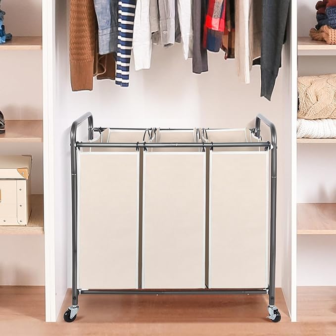 STO STO Laundry Sorter 3 Section, 3 Bag Clothes Hamper, Rolling Laundry Cart Basket with Heavy Duty Lockable Wheels and Removable Bag for Laundry Room, Bedroom, Closet, Beige