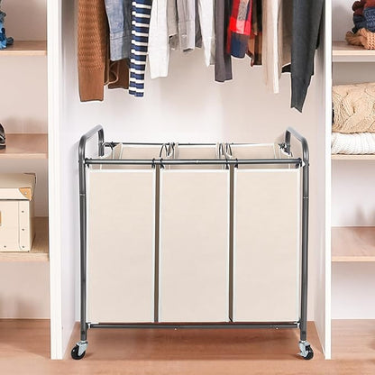 STO STO Laundry Sorter 3 Section, 3 Bag Clothes Hamper, Rolling Laundry Cart Basket with Heavy Duty Lockable Wheels and Removable Bag for Laundry Room, Bedroom, Closet, Beige