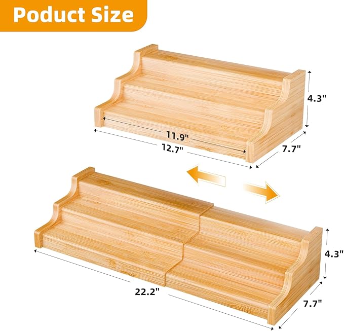 Simple Trending Spice Rack Kitchen Cabinet Organizer, 3 Tier Bamboo Expandable Spice Storage, Display Shelf for Cupboard, Pantry, Yellow