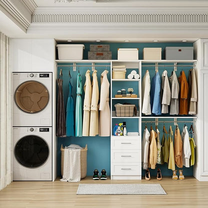 96 inch Closet System with Wooden Drawers, 5FT-8FT Closet Organizer System with Shelving Tower, Walkin Closet System with Expandable Hanging Rods & Movable Shelves, Wall Mount, 91.3”*14.8”*81”,White