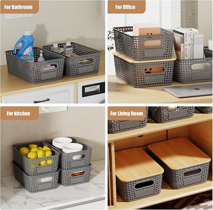 8 Pcs Plastic Storage Bins with Bamboo Lids and Labels 5.29qt Stackable Box Basket Pantry Decorative Containers, Small Storage Baskets for Drawers Organizing Closets Bedrooms Cabinets 10*7.2*4.1"