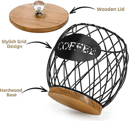 WRINGKIT Coffee Pod Holder with Lid, Large Capacity K Cup Storage Basket, Black Wire Coffee Pod Basket Decor for Countertop, Round Coffees Holder for Keurig Kcups, Espresso Capsules, Christmas Gift