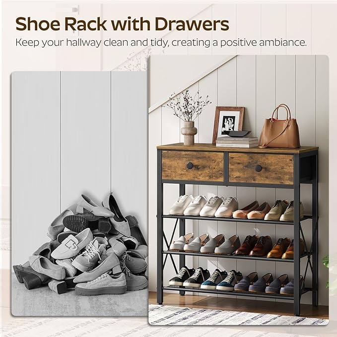 YATINEY 4 Tier Shoe Rack, Large Capacity Shoe Storage Organizer, Metal Shoe Shelf with Drawer and Wooden Top, for 16 Pairs of Shoes, for Entryway, Closet, Rustic Brown and Black SS24BR